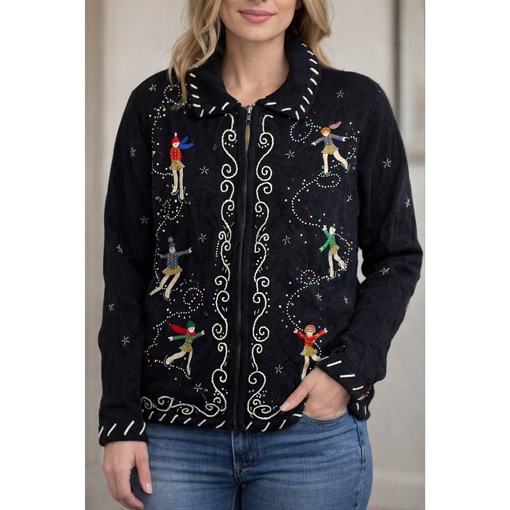 ERIKA whimsical Embellished Zip Front Sweater Cardigan Ice Skater Motif